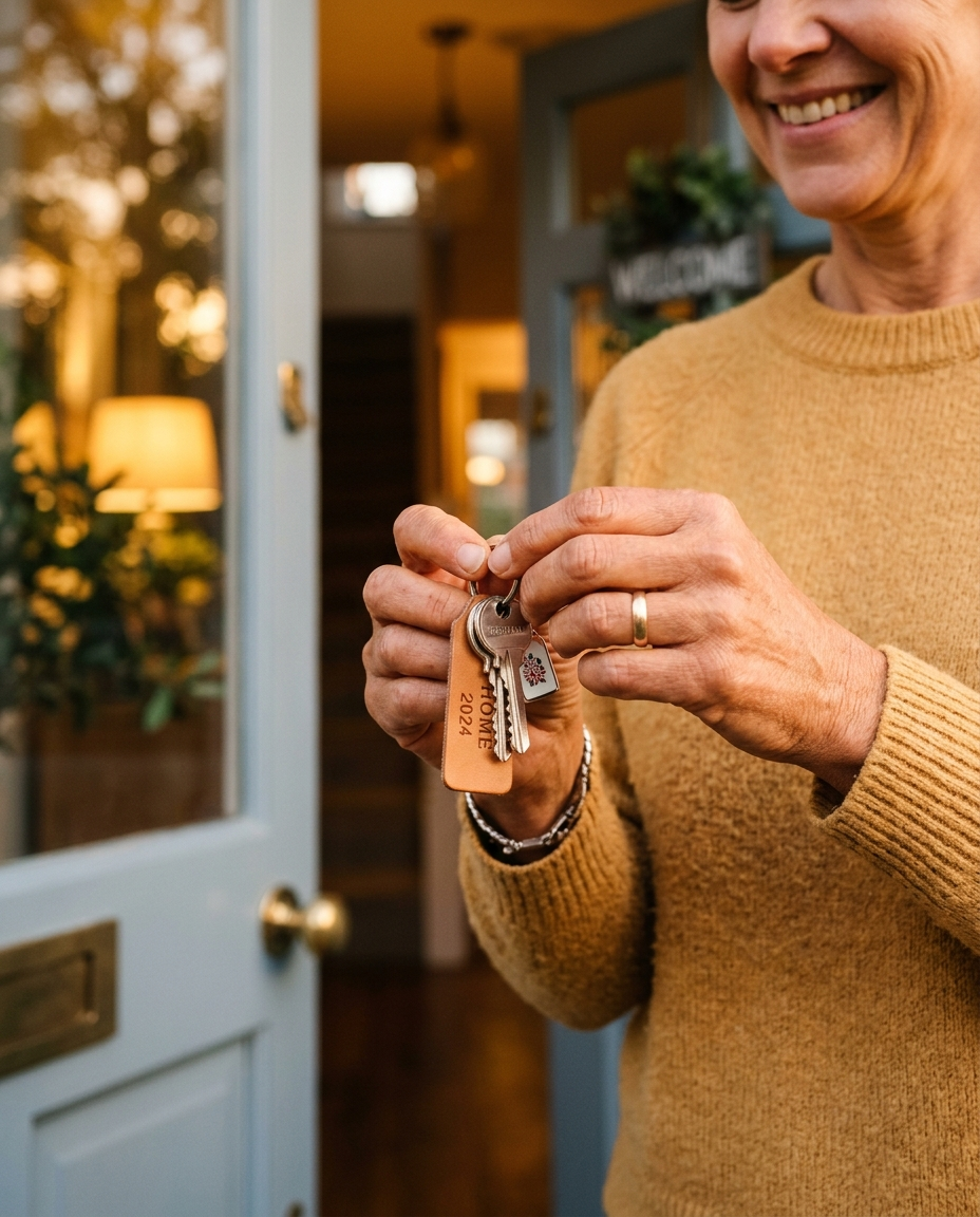 Homeowner holding house keys, feeling of relief and new options